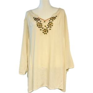 Lane Bryant Popover Boho Top Women 18/20 Embellished Front Yoke Beige Coral